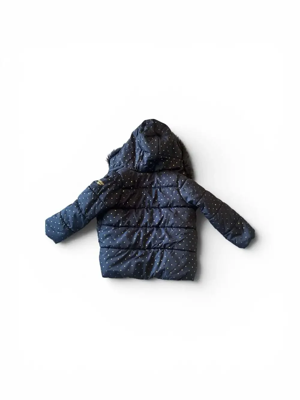 OshKosh B'gosh Navy Puffer Jacket with Gold Polka Dots and Faux Fur Hood